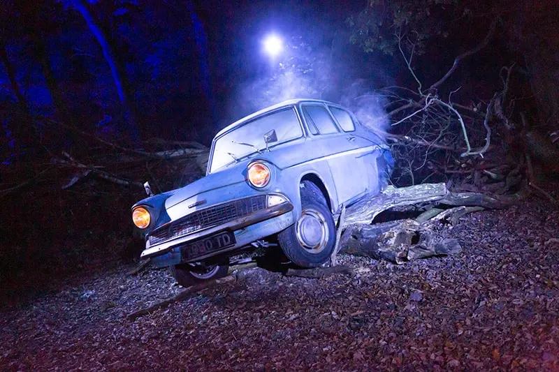 Ron's father's Ford Anglia flying car at Harry Potter: A Forbidden Forest Experience in Little Elm